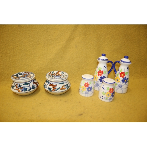 56 - Hand Painted Lidded Pots Plus Cruet Set and Vinigarettes