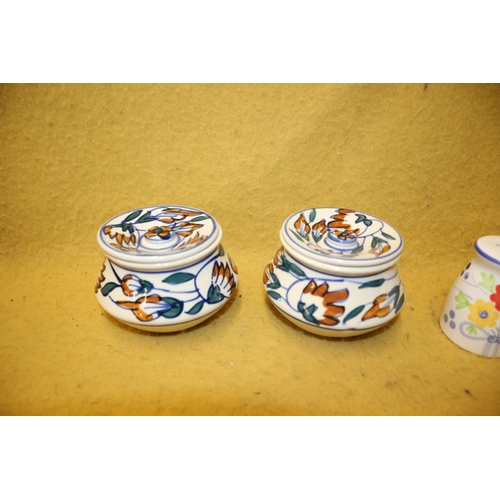 56 - Hand Painted Lidded Pots Plus Cruet Set and Vinigarettes