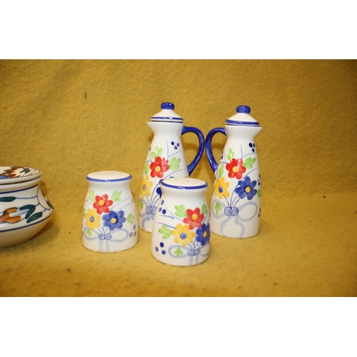 56 - Hand Painted Lidded Pots Plus Cruet Set and Vinigarettes