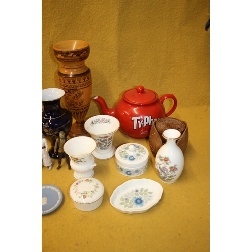 63 - Mixed Lot Including Glass Tea Pots etc, Coalport, Wedgwood, Watch