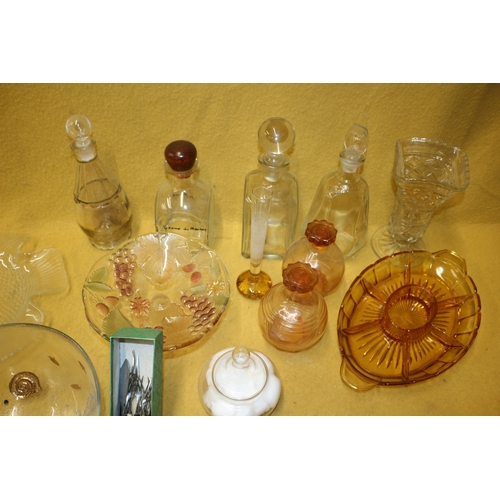 107 - Collection of Glassware, Decanters, Coloured Glass & Pickled Forks