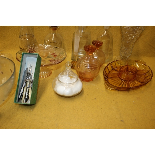 107 - Collection of Glassware, Decanters, Coloured Glass & Pickled Forks