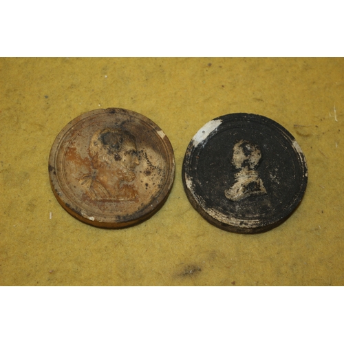 108 - 2 x Old Plaster Discs with Side Profiles - 6cm Dia