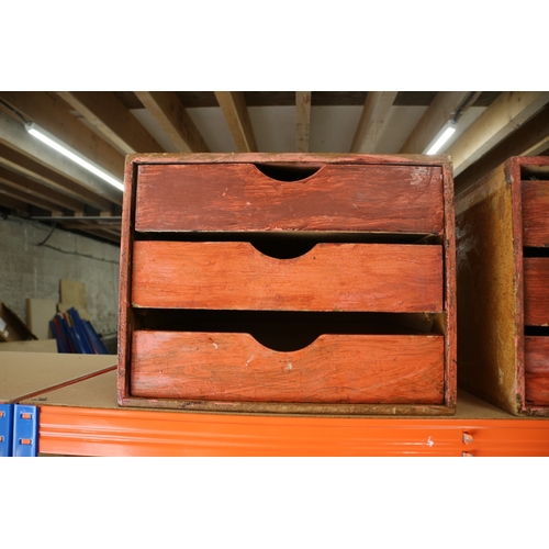 29 - x6 sets of vintage drawers, x4 3 drawer, x2 4 drawer circa 1980's plus vintage tennis racket