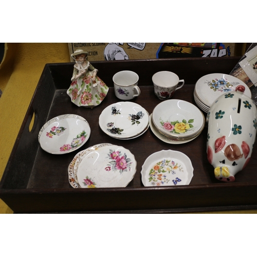 46 - Mixed lot including large wooden tray, piggy banks and assorted China