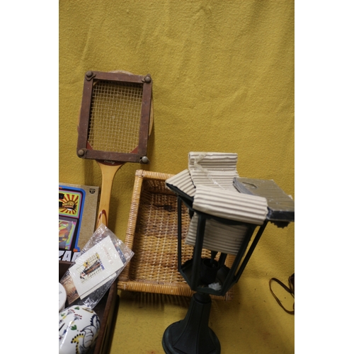 46 - Mixed lot including large wooden tray, piggy banks and assorted China