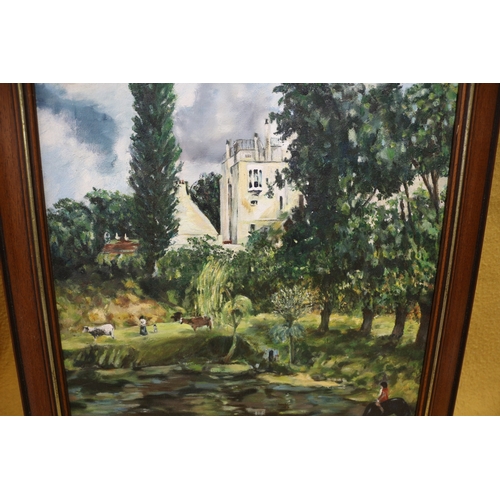 52 - Oil on canvas of a house with animals, signed Roo? 57cm x 72cm