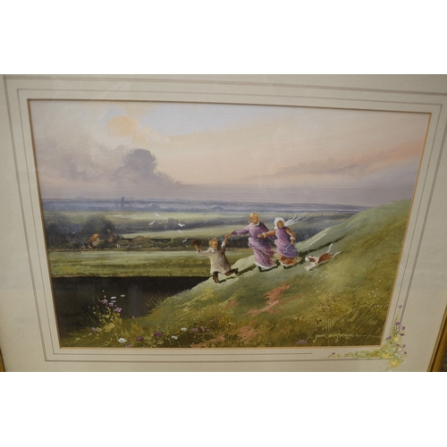 56 - Signed painting by John Morswell? of children playing on a hill