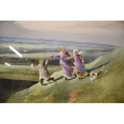 56 - Signed painting by John Morswell? of children playing on a hill