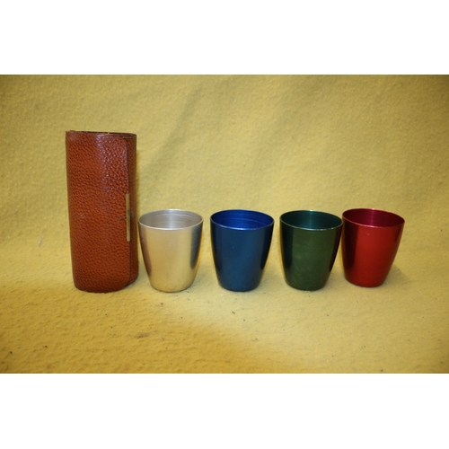 72 - Set of 4 Vintage Metal Tumblers in Hide Case