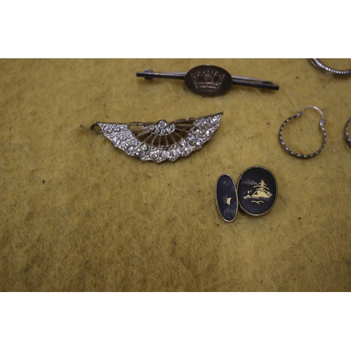 93 - Selection of Jewellery including Brooches, Cufflinks, Earrings and a Silver Marked Pendant with King... 