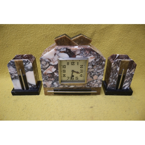 99 - Art Deco Marble Clock with Garnitures