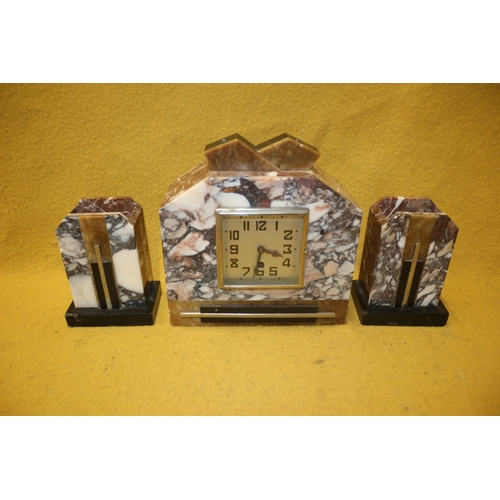 99 - Art Deco Marble Clock with Garnitures