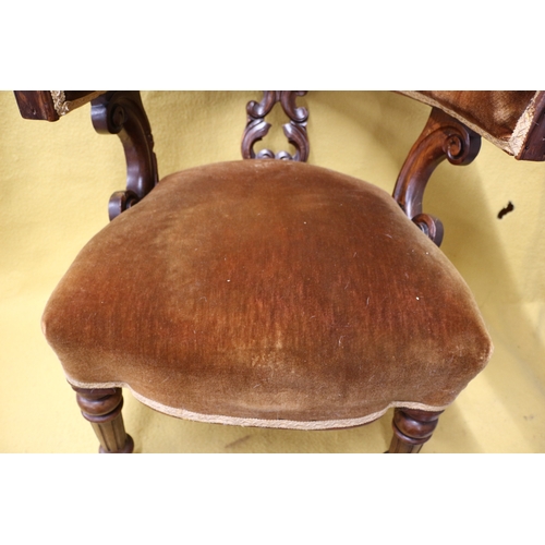 100 - Antique Victorian Mahogany Cockfighting Horseshoe Back Library Arm Chair with Velour Covering