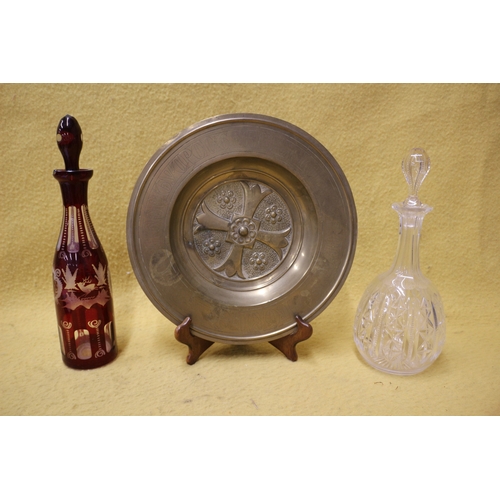 106 - Pressed Plate plus Cranberry Decanter & 1 Other