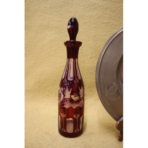 106 - Pressed Plate plus Cranberry Decanter & 1 Other