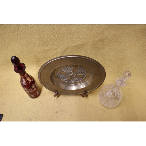 106 - Pressed Plate plus Cranberry Decanter & 1 Other