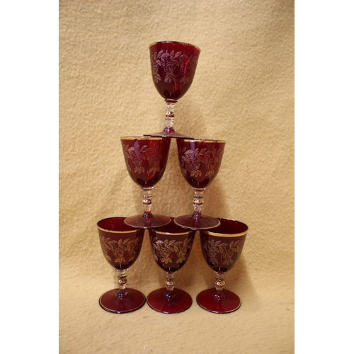 111 - Set of 6 Vintage Gilded Ruby Wine Glasses