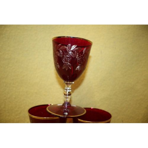 111 - Set of 6 Vintage Gilded Ruby Wine Glasses