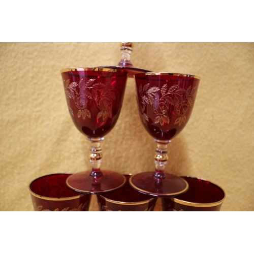 111 - Set of 6 Vintage Gilded Ruby Wine Glasses