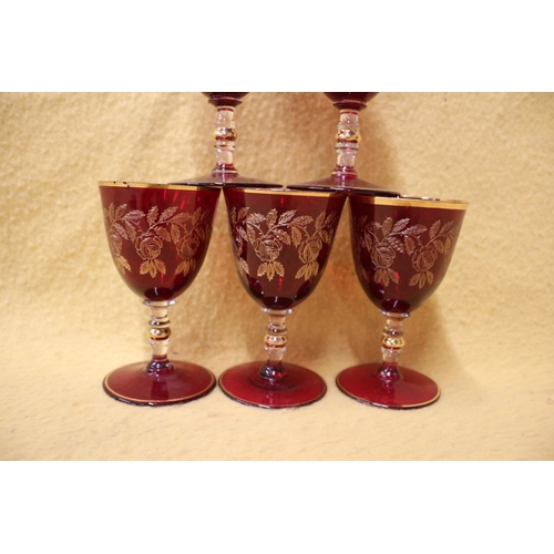 111 - Set of 6 Vintage Gilded Ruby Wine Glasses