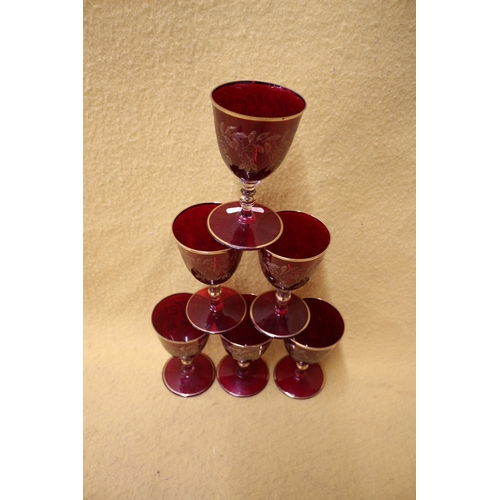 111 - Set of 6 Vintage Gilded Ruby Wine Glasses