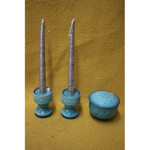 114 - Turquoise Cathay Beswick Lidded Pot, and 2 Candle Stick Holders