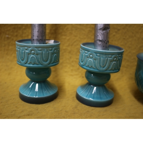 114 - Turquoise Cathay Beswick Lidded Pot, and 2 Candle Stick Holders