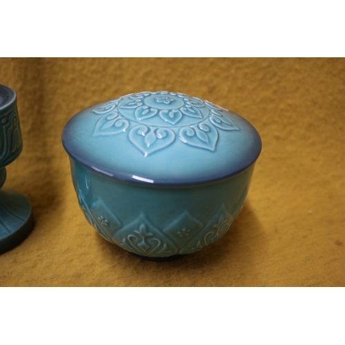 114 - Turquoise Cathay Beswick Lidded Pot, and 2 Candle Stick Holders