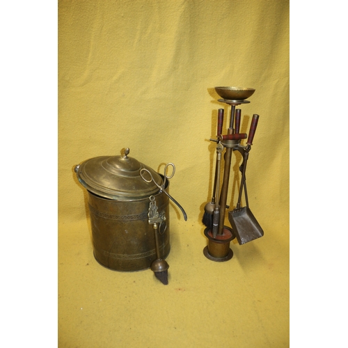 44 - Vintage Coal Bucket with Coal with Fire Side Tools