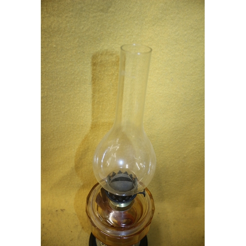 45 - Vintage Paraffin/ Oil Lamp with Flume and Coloured Glass Container, 54cm Tall