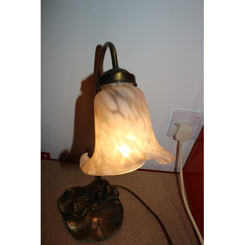 46 - Art Nouveau Inspired Lamp Set on Bronzed Metal Lotus Leaf Shaped Base with Appropriate aged Shade in... 