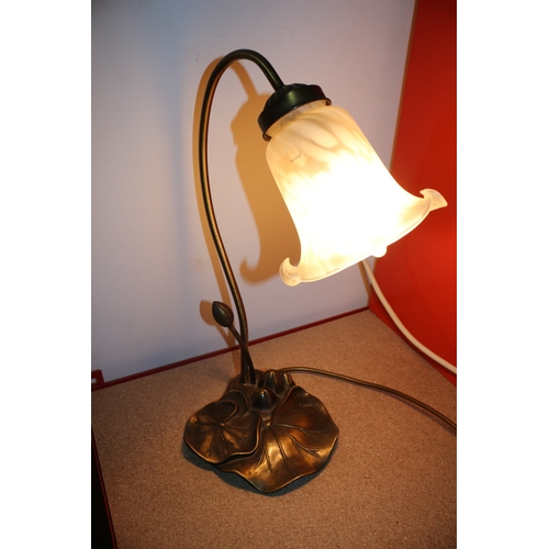 46 - Art Nouveau Inspired Lamp Set on Bronzed Metal Lotus Leaf Shaped Base with Appropriate aged Shade in... 