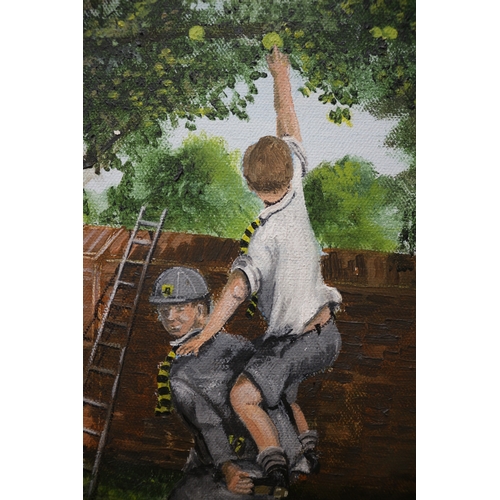 52 - Oil On Canvas of School Boys Picking Apples, Signed Gargett RH80. 56.5cm X 47cm