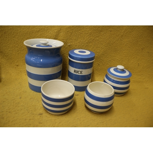 89 - Blue and White Stripe, Mixed Aged Kitchen Pots, Tallest 17cm