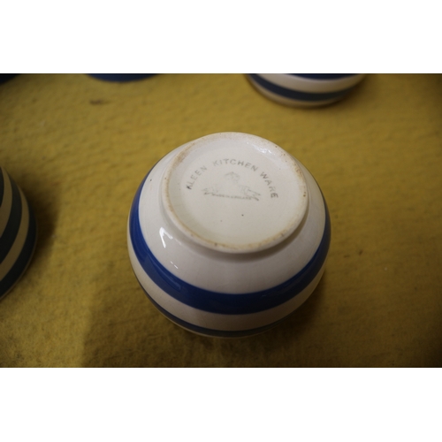 89 - Blue and White Stripe, Mixed Aged Kitchen Pots, Tallest 17cm