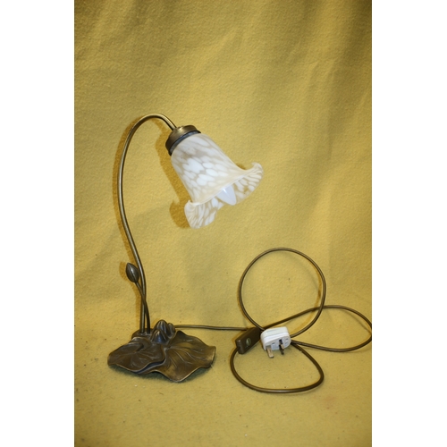 67 - Art Nouveau Inspired Lamp Set on Bronzed Metal Lotus Leaf Shaped Base with Appropriate aged Shade in... 