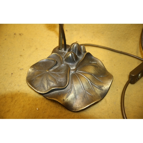 67 - Art Nouveau Inspired Lamp Set on Bronzed Metal Lotus Leaf Shaped Base with Appropriate aged Shade in... 