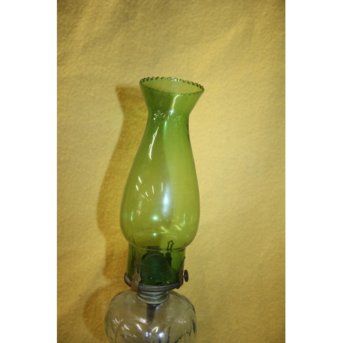 68 - Vintage Oil/Paraffin Lamp with Twist Stem, Green Glass flume, 46cm Tall