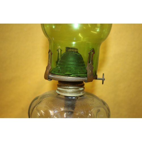 68 - Vintage Oil/Paraffin Lamp with Twist Stem, Green Glass flume, 46cm Tall