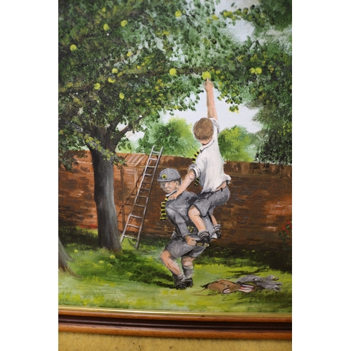 71 - Oil On Canvas of School Boys Picking Apples, Signed Gargett RH80. 56.5cm X 47cm