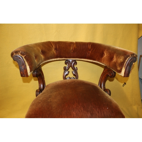 98 - Antique Victorian Mahogany Cockfighting Horseshoe Back Library Arm Chair with Velour Covering