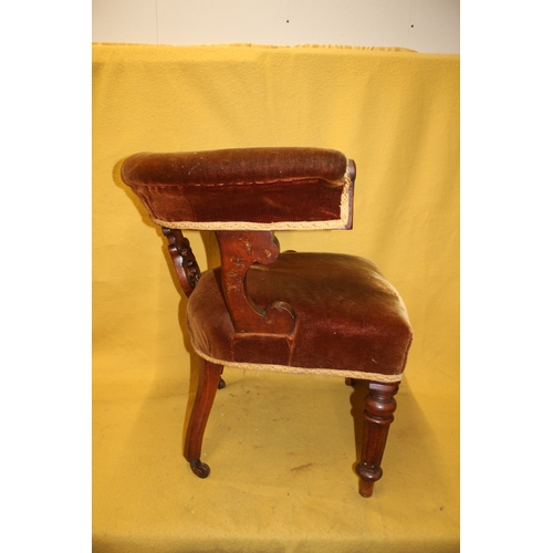 98 - Antique Victorian Mahogany Cockfighting Horseshoe Back Library Arm Chair with Velour Covering