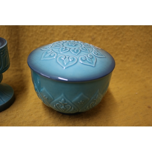 108 - 'Turquoise Cathay' Beswick Lidded Pot, and 2 Candle Stick Holders