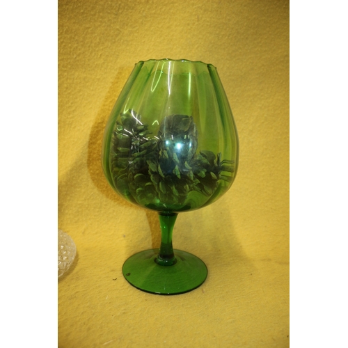 142 - Ships Decanter 27.5, Green Brand  28 and Pine Cones Glass