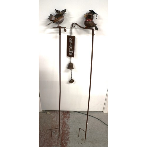 150 - Pair of Metal Garden Ornaments - 1 x Bird with Welcome Sign and Bells + 1 x Bird
