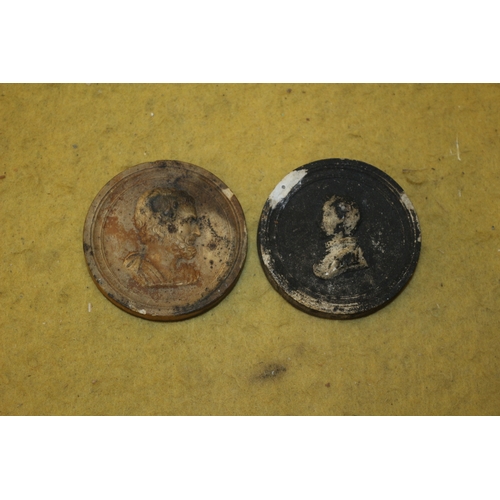 219 - 2 x Old Plaster Discs with Side Profiles - 6cm Dia