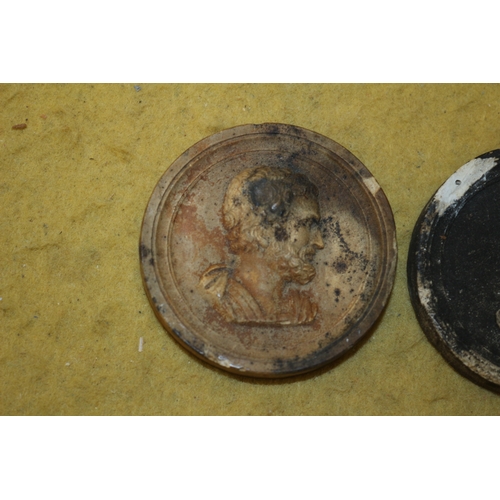 219 - 2 x Old Plaster Discs with Side Profiles - 6cm Dia