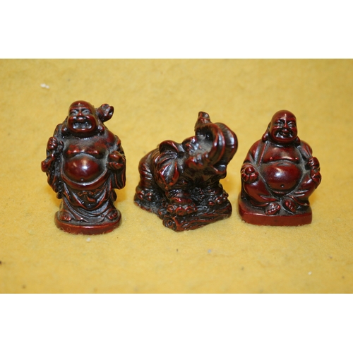 236 - 3 Small Red Resin Chinese Figures Including Elephant and Buddhas