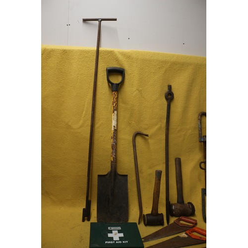 31 - Bundle of Tools Including Saws, First Aid Kit, Crow Bars etc